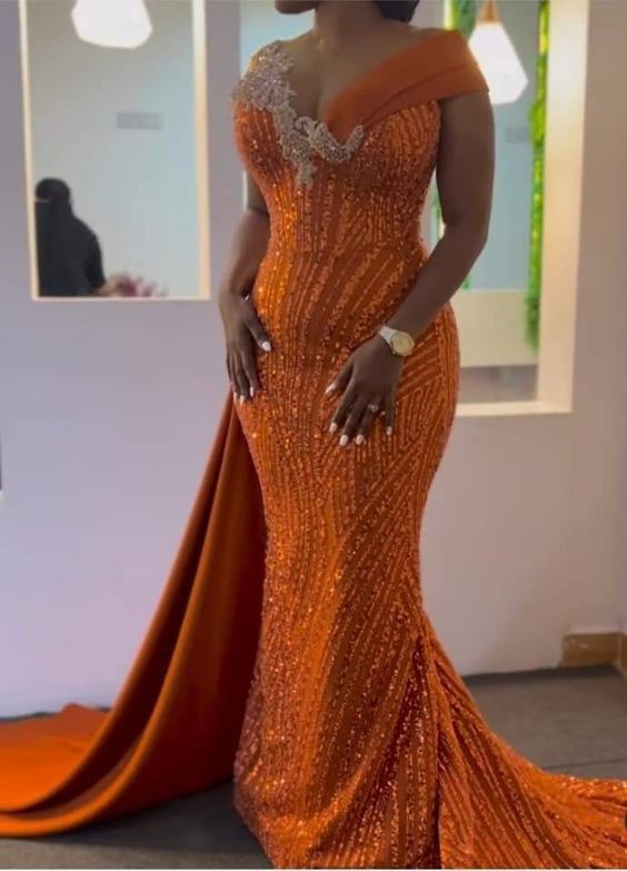 Sequined African Dress,Custom Mermaid Long Orange Evening Dress fg5703