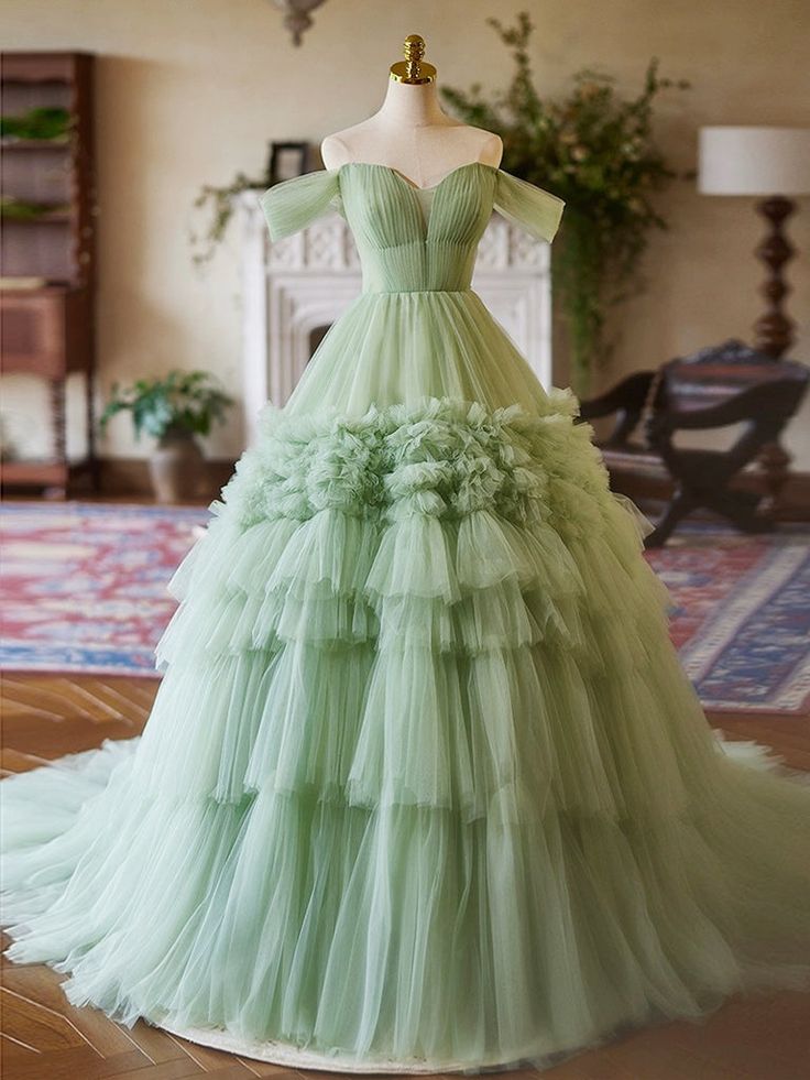 A-Line off Shoulder Tulle Green Long Prom Dress, Green Sweet 16 Dress fg6744