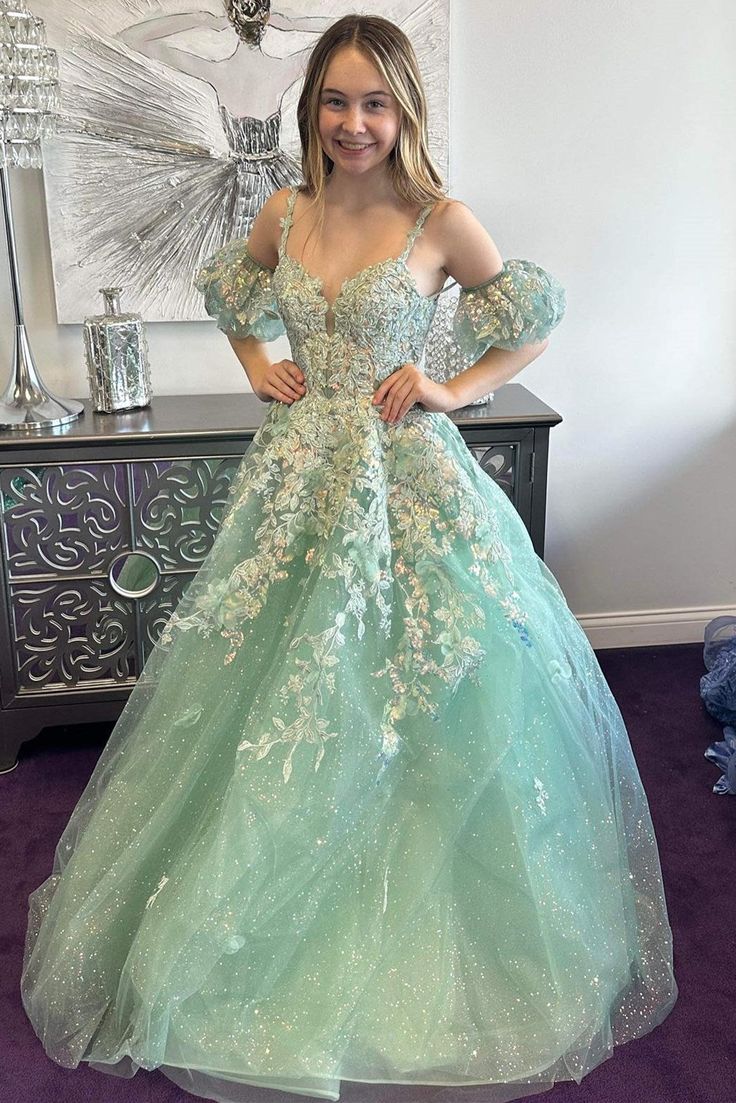 A-Line Appliques Plunge V Long Prom Dress with Detachable Sleeves fg6370