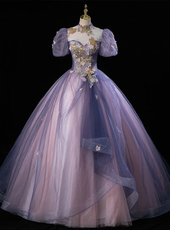 Purple Tulle Puff Sleeve Appliques Quinceanera Dress Evening Dress fg6750