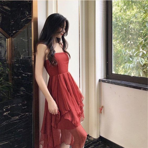 A line Spaghetti Strap Asymmetric Ruffled Evening Dresses For Women fg6227
