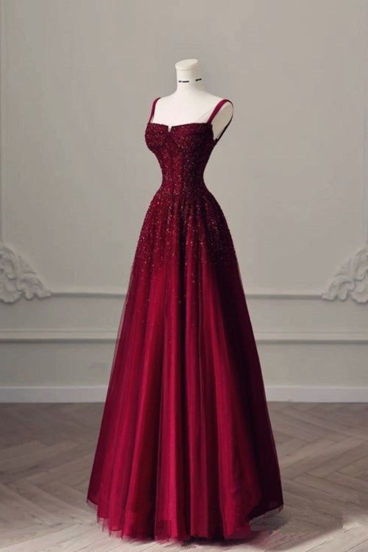 Burgundy Prom Dresses A line Straps Tulle Evening Dresses fg6734