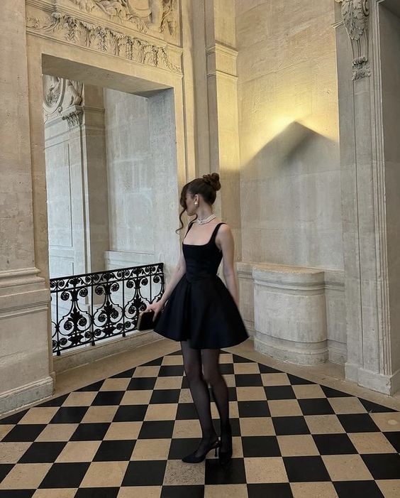 black mini wedding dress evening dress, square neck above knee Party Dress fg6356