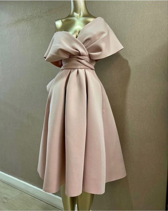 Gorgeous Cocktail Dress for Women Satin Pleated Sexy V Neck Off Shoulder Princess Prom Dresses fg6029