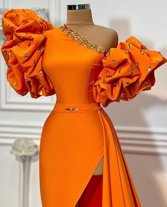 One Shoulder Unique Evening Dresses Long Orange Beaded Mermaid Elegant Simple Formal Evening Gown fg5677