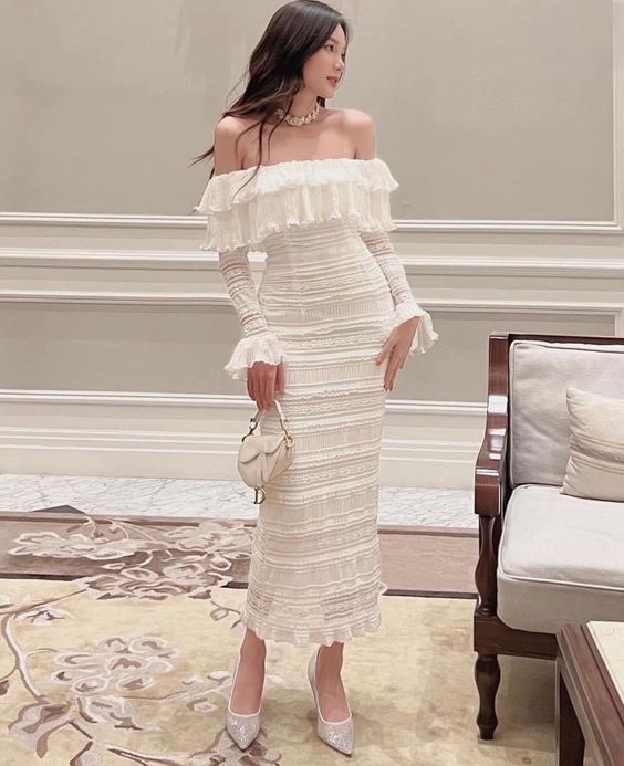 Elegant White Midi Dress Office Lady Long Sleeve Sexy Beach Party Bodycon Dress fg5417