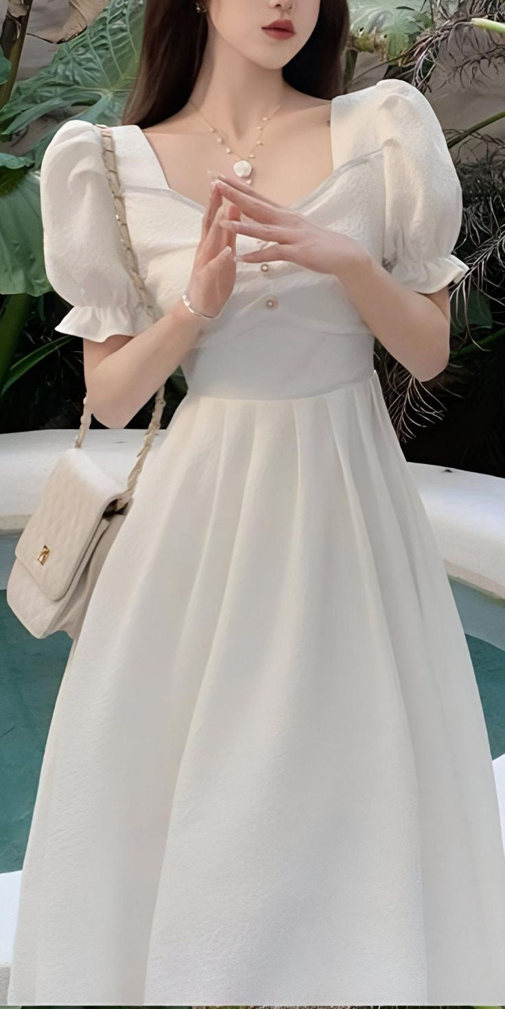 A Line White Short Sleeves Evening Gowns, Party Prom Dress fg7464
