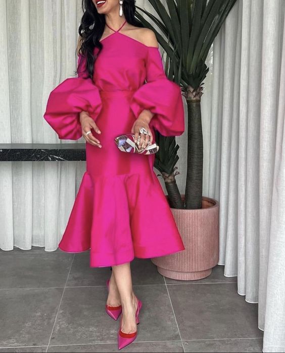 Hot Pink Halter Prom Belt Puff Sleeve Midi Party Dress Elegant Dubai Evening Dresses fg5903