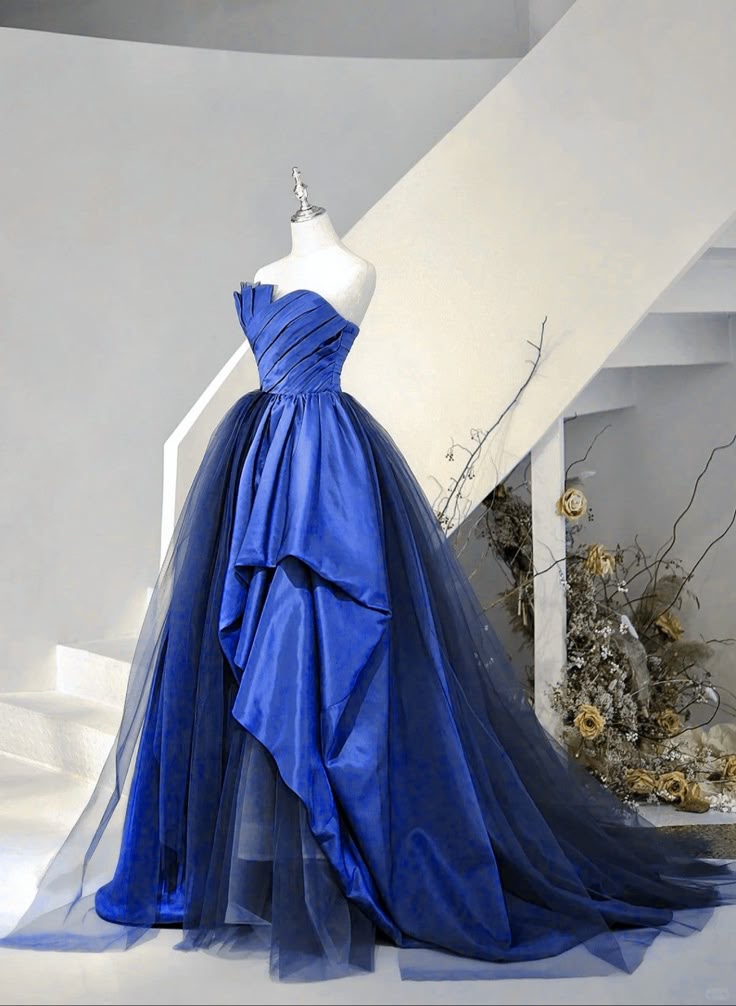 Blue Satin And Tulle Long Party Dress Prom Dress, Blue Evening Dress fg6736
