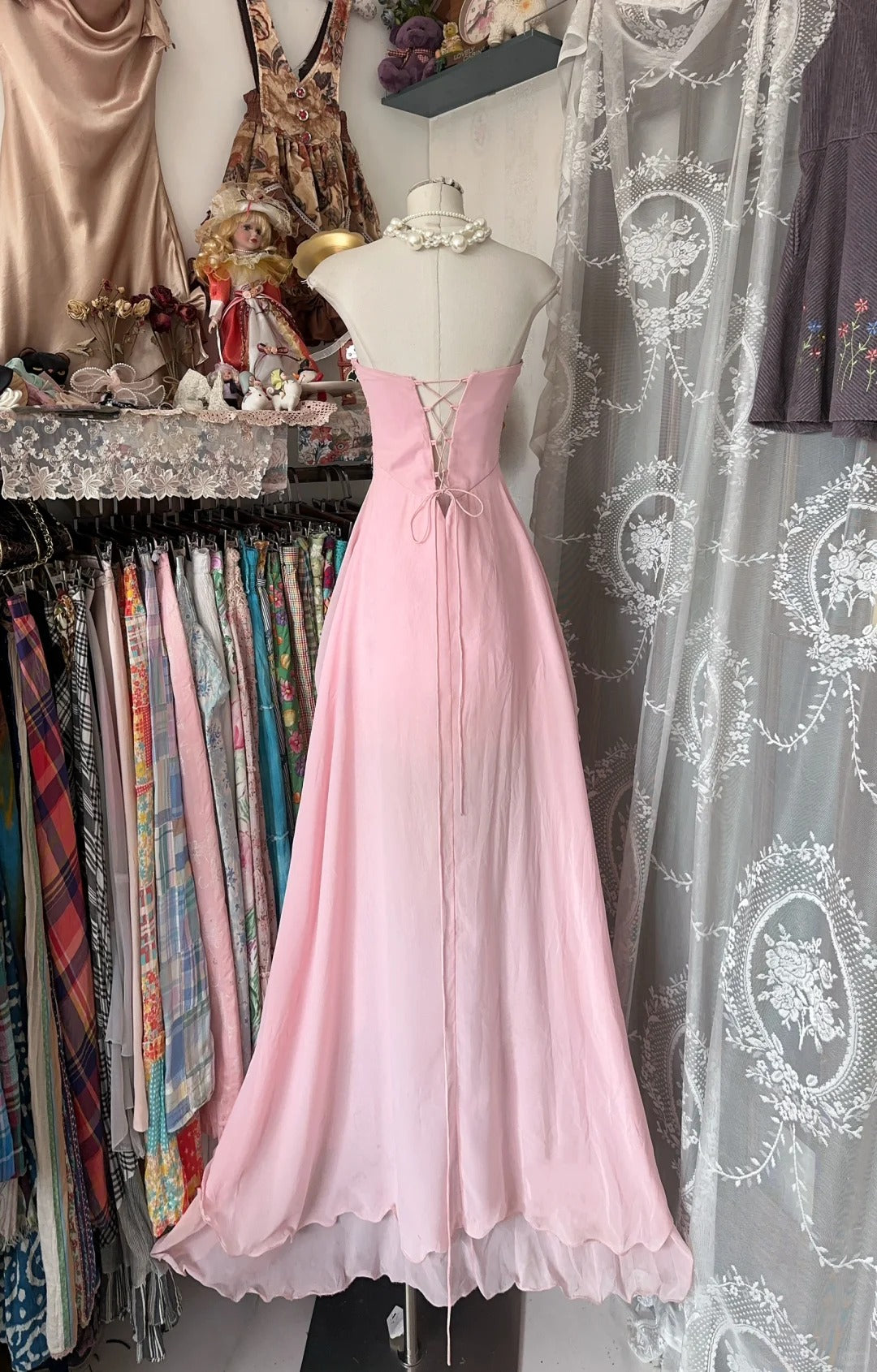 Pink Chiffon Strapless Long Prom Dresses Vintage Formal Evening Dress fg7591