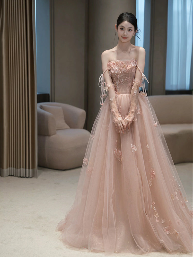 A Line Pink Long Formal Dress Tulle Evening Dresses fg7673