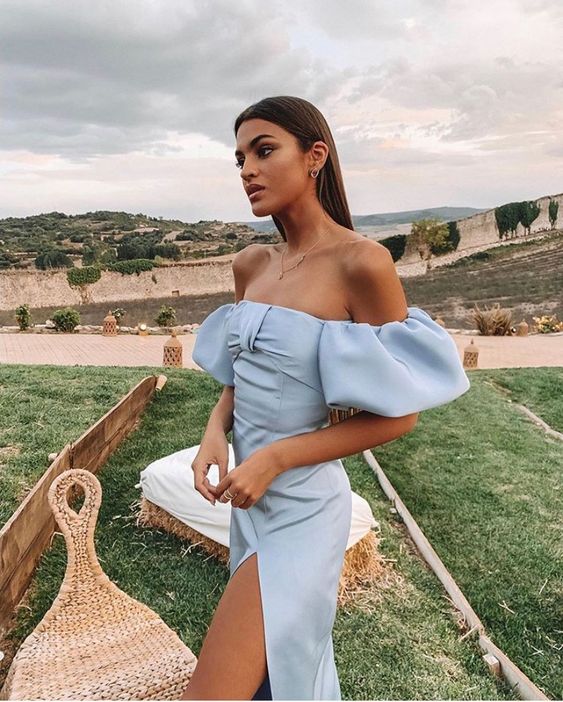 Fashion Sky Blue Off The Shoulder Mermaid Long Prom Evening Dress fg5767