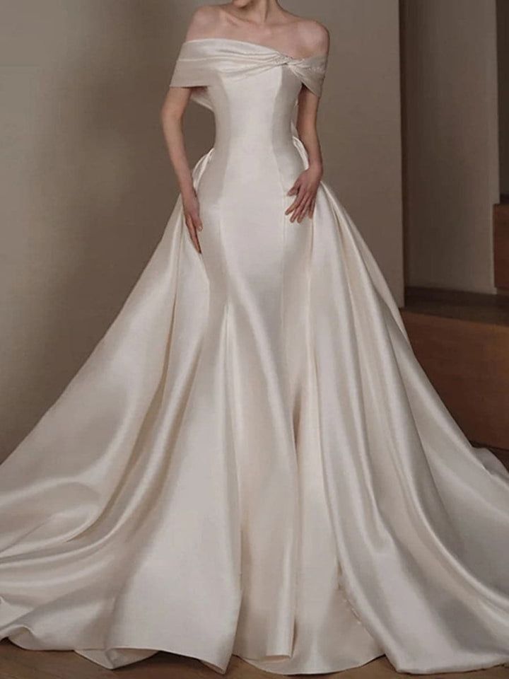 Luxury Satin A-Line Wedding Dress Boat Neck Sleeveless Off Shoulder Bridal Gown fg7609