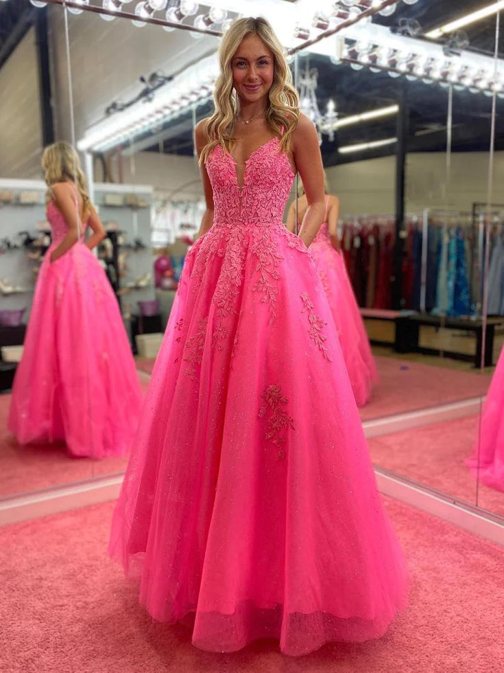 V Neck Pink A Line Lace Long Prom Dress fg6378