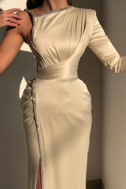 Elegant Ivory One-shoulder Long-Sleeve Sheath Prom Dresses with Sequins fg677
