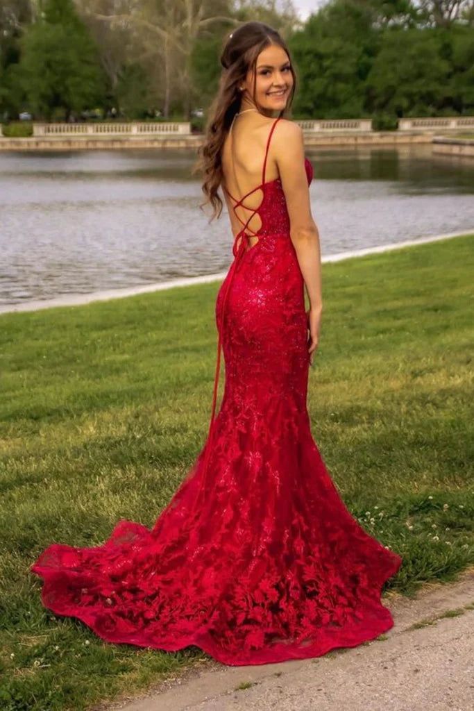 Burgundy Mermaid Lace Sequins Prom Dress Formal Wear Dresses fg6922