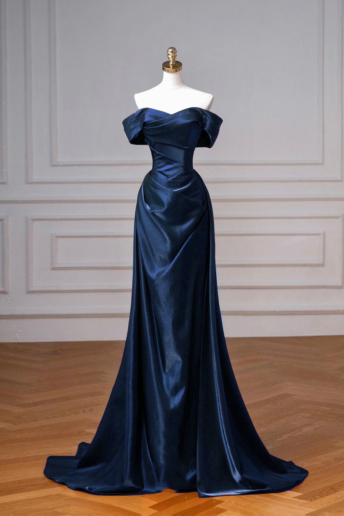 Navy Satin Long Prom Dress, Elegant Off the Shoulder Party Dress fg7646