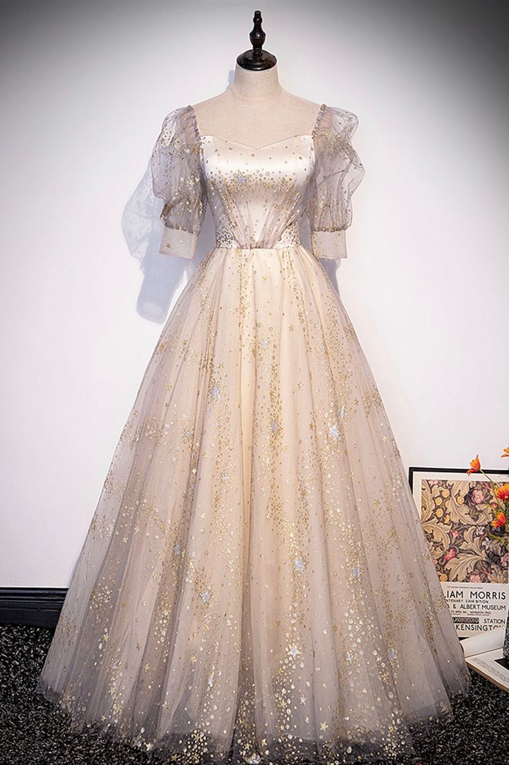 Champagne Tulle Sequins Long Prom Dress, Cute 1/2 Sleeve Party Dress fg5450