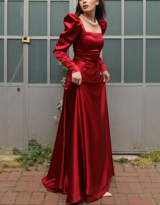 Square Neck Long A Line Evening Gown Burgundy Long Sleeves Satin Formal Prom Party Dress fg6143
