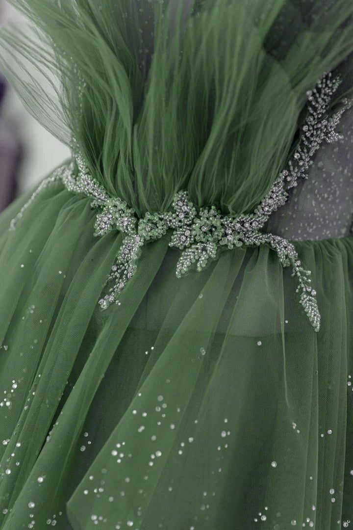 Green Layers Tulle Straps Beaded Long Party Dress, Green Long Formal Dress fg4491