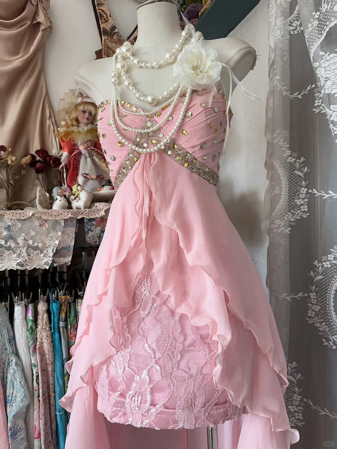 Pink Chiffon Strapless Long Prom Dresses Vintage Formal Evening Dress fg7591
