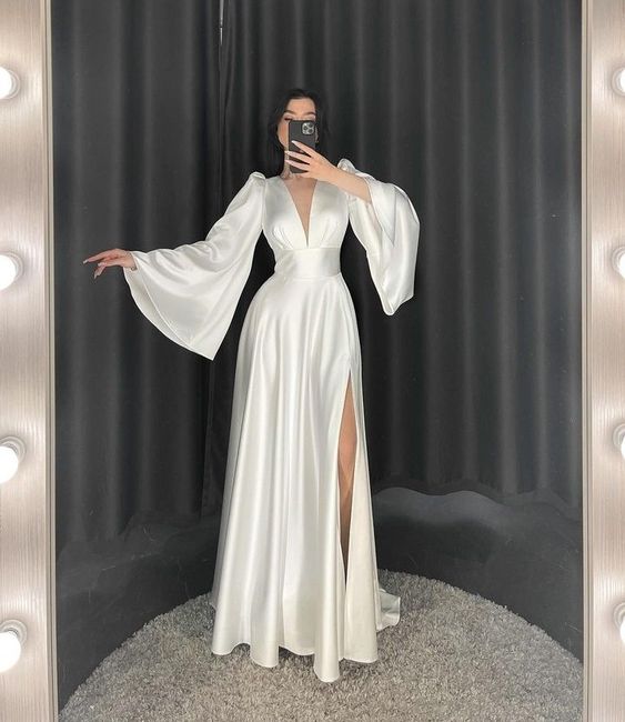 Satin Flare Long Sleeve Wedding Dresses Side Split Deep V Neck Bride Dress fg5590