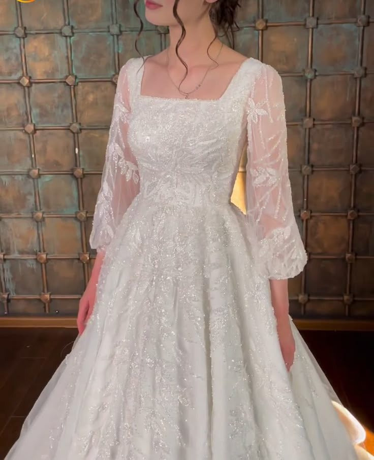 A Line White Square Neck Long Princess Wedding Dress fg8167