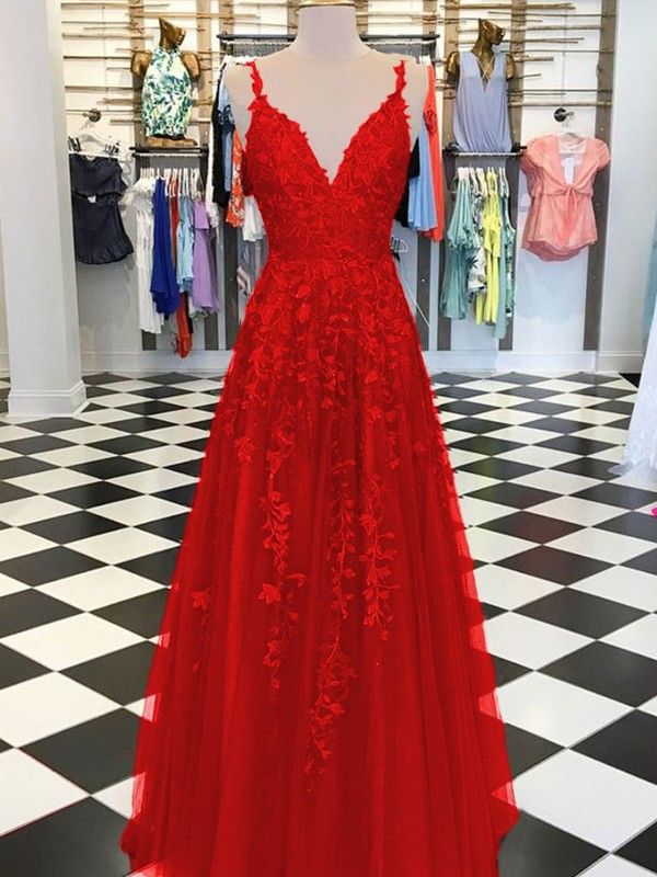 A-line/princess Sleeveless V-neck Floor-length Applique Tulle Dresses Prom Dress fg5403
