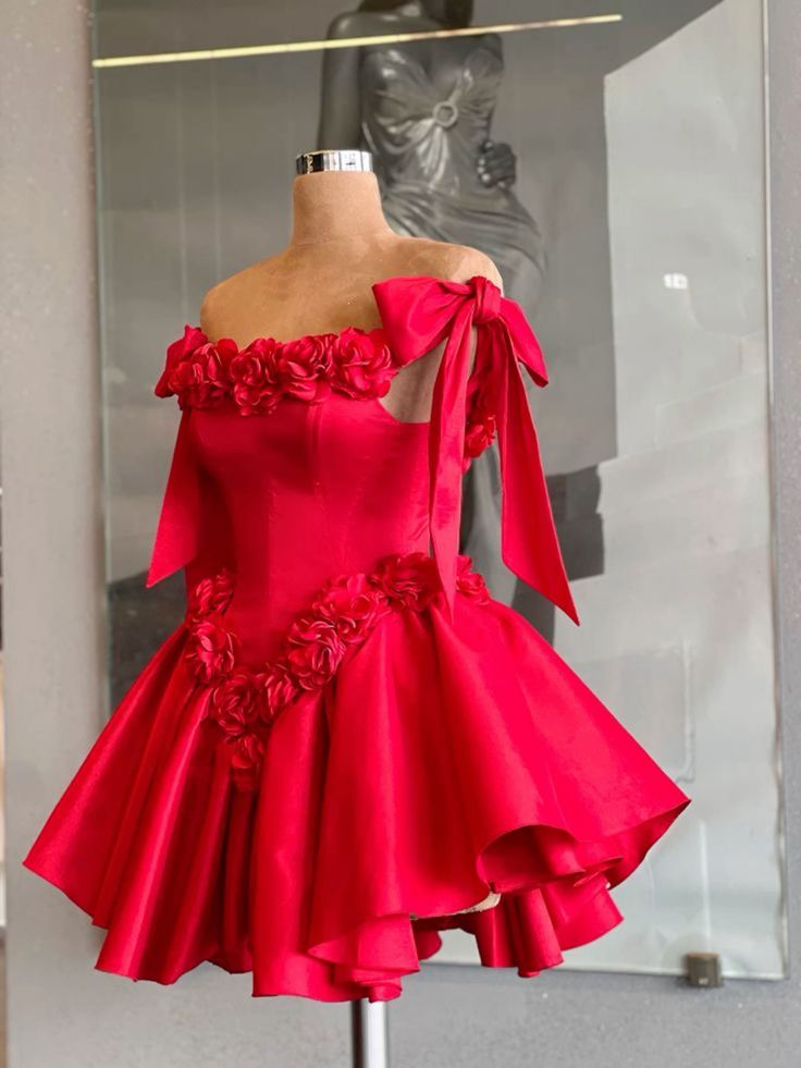 Red Cocktail Party Dress with 3D Flowers Off The Shoulder Elegant Evening Gown for Women fg6589