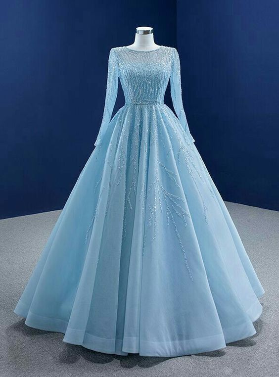 Tulle A Line Elegant Light Blue Evening Dress New O Neck Sequined Lace Formal Prom Gowns fg6464