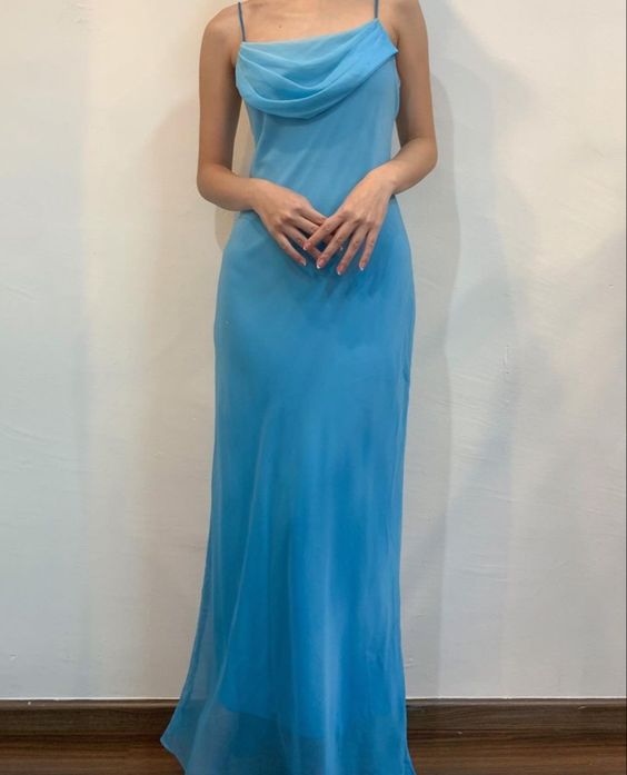 Spaghetti Straps Blue Chiffon Sheath Long Prom Dresses fg6681