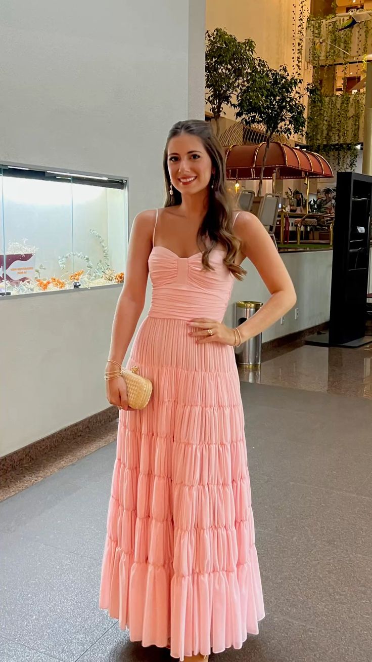 Pink A Line Spaghetti Straps Long Prom Dress Evening Party Dresses fg7720