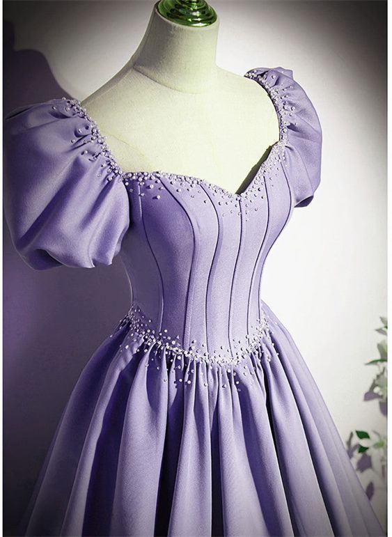 Satin Short Sleeves Beaded Party Dress, A-line Long Prom Dress fg6423