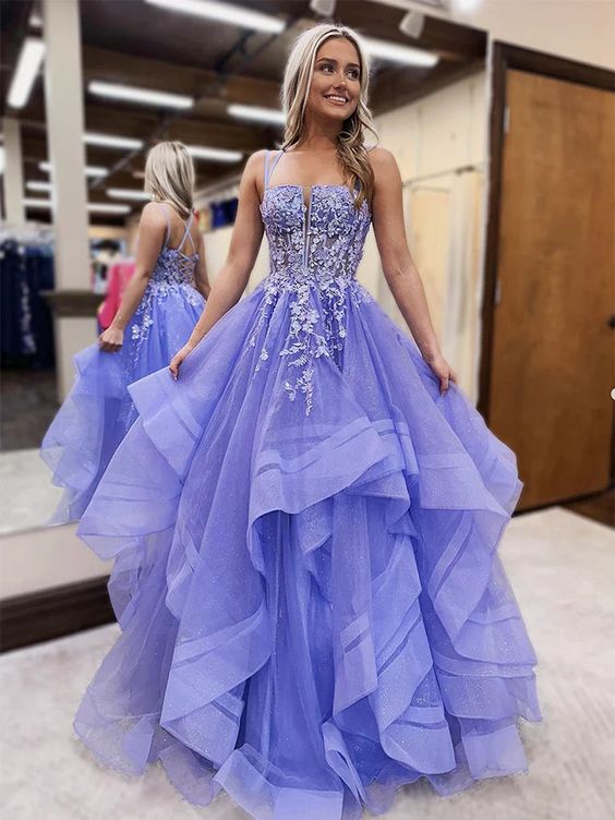 Shiny A Line Open Back Fluffy Lilac Lace Long Prom Dresses, Lilac Lace Formal Dresses, Lilac Evening Dresses fg6482