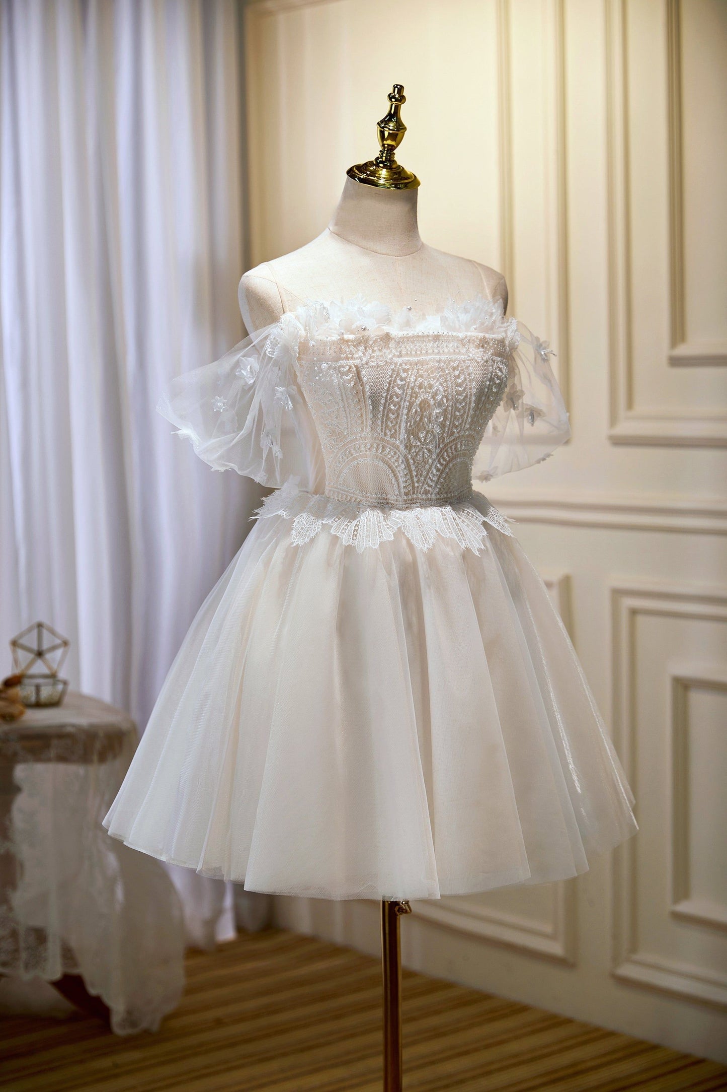Chic Spaghetti Straps Off The Shoulder Tulle Homecoming Dresses fg6241