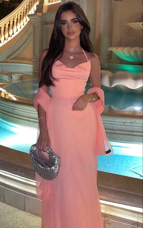 Spaghetti Straps Halter Pink Evening Dresses Formal Gown With Shawl fg6747