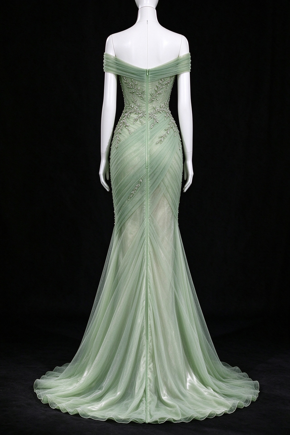 Sage Green Off Shoulder Beaded Tulle Mermaid Evening Gown fg9074
