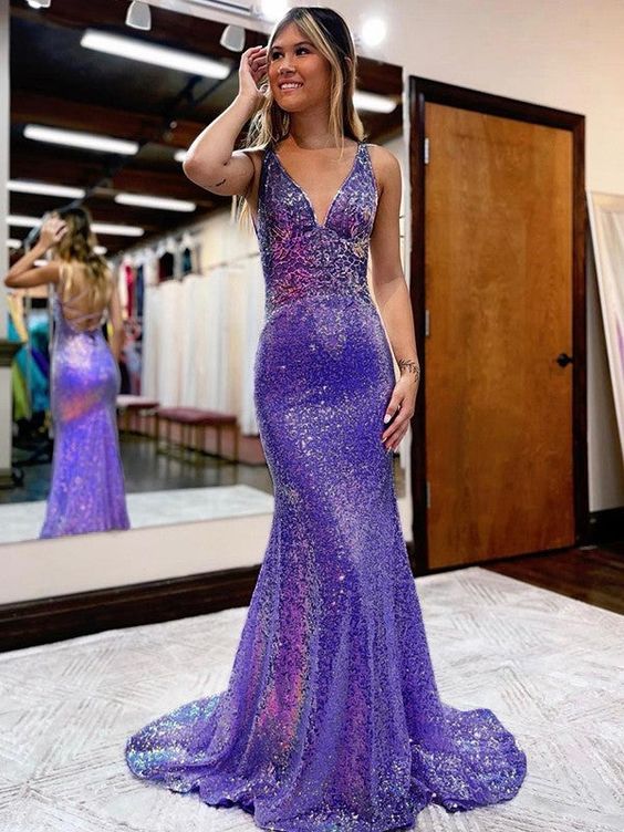 Sheath/Column V-Neck Court Train Sequins Prom Dresses fg6213