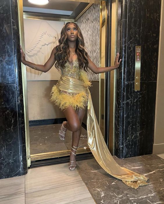 Sexy Black Girls Birthday Dresses Gold Rhinestone Feathers Mini Cocktail Party Gowns Women Club Outfit Vestidos De Gala fg6461