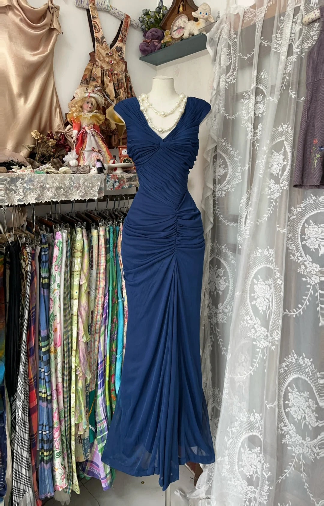 Navy Blue Mermaid Pleats Vintage Prom Dress Long Evening Dress fg8038