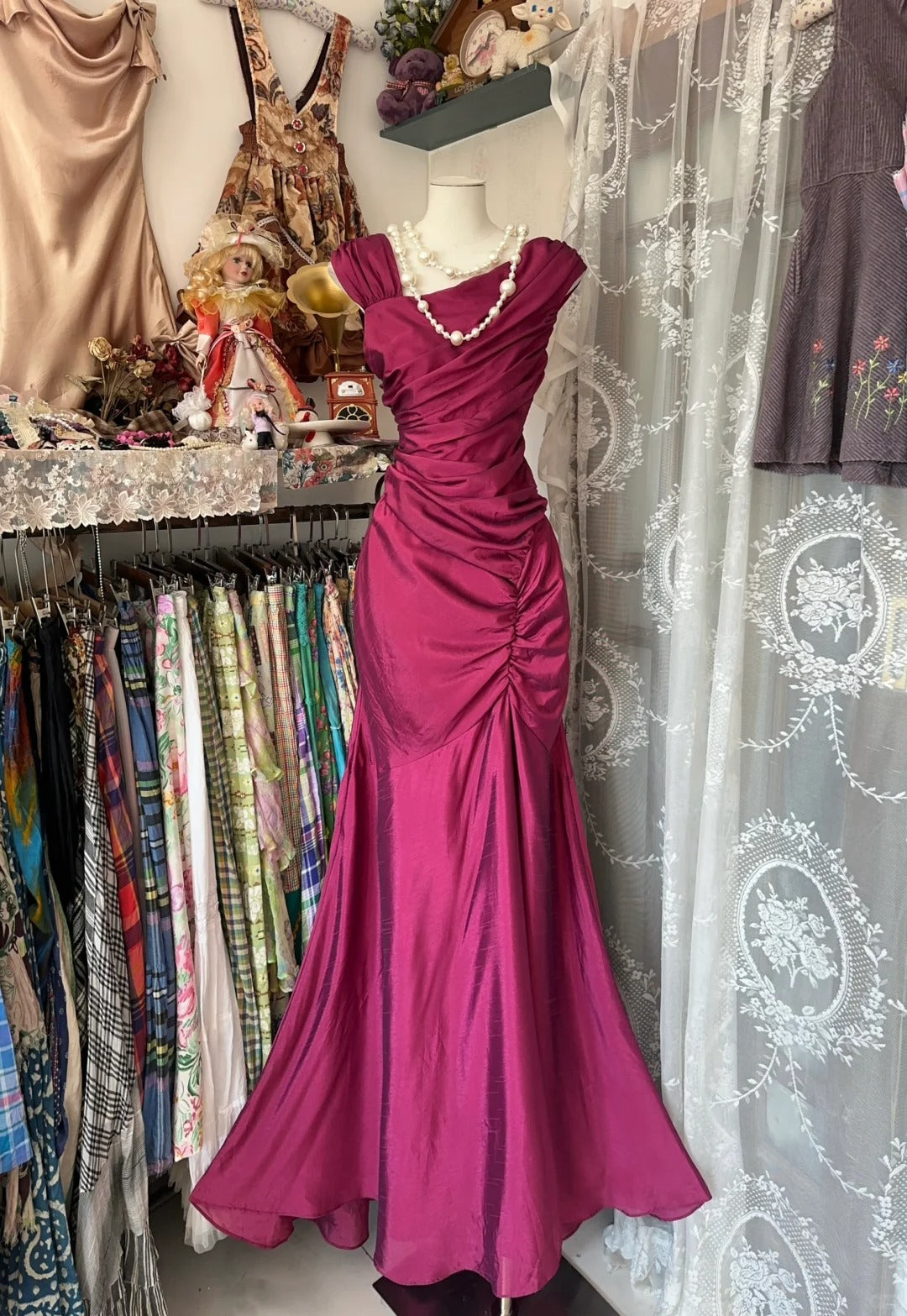 Mermaid Pleats Vintage Prom Dress Long Evening Dress fg8039