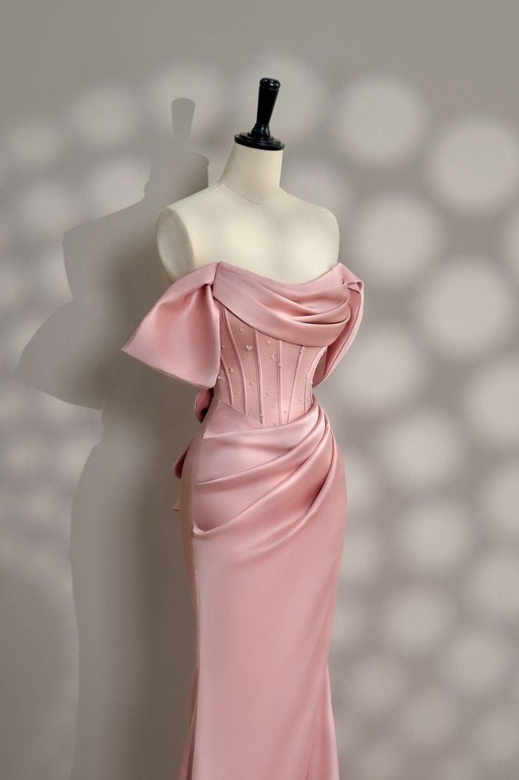 Long Pink Satin Prom Dress Off Shoulder Prom Dress Evening Party Gowns fg7426