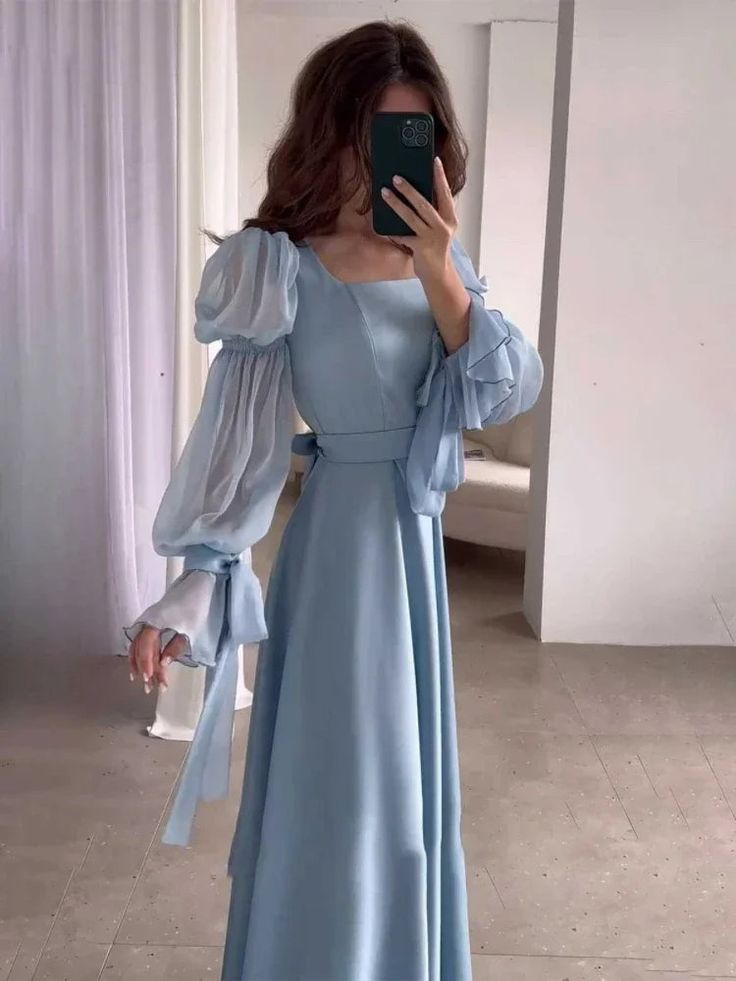Light Blue Puff Sleeves Long Evening Dress fg6688