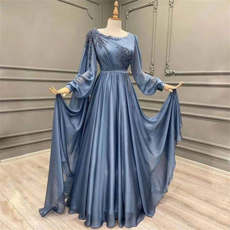 Elegant Blue Chiffon Gown with Embellished Sleeves Evening Dress fg6652