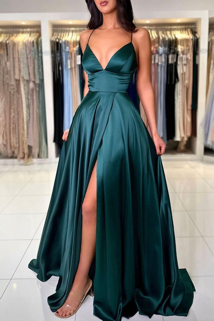 Simple V-Neck Satin Long Prom Dress, Beautiful A-Line Backless Evening Party Dress fg6191