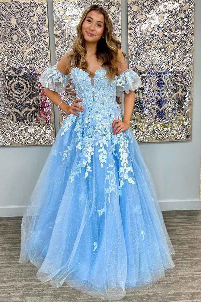 A-Line Appliques Plunge V Long Prom Dress with Detachable Sleeves fg6370