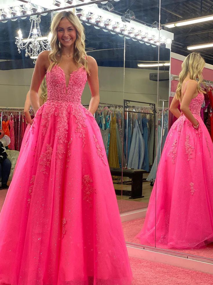 V Neck Pink A Line Lace Long Prom Dress fg6378
