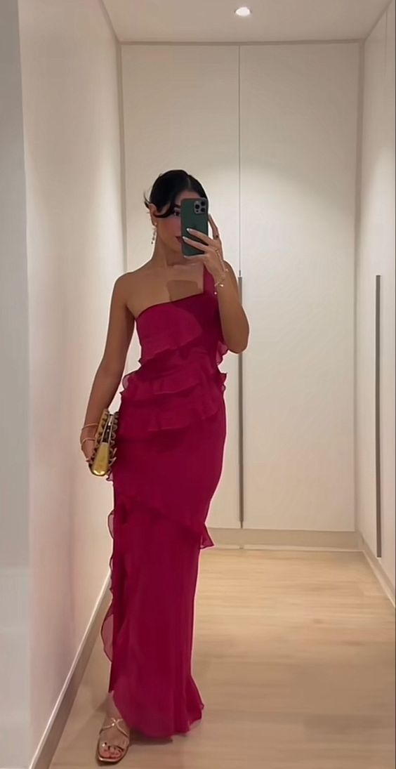 Sexy Sheath One Shoulder Chiffon Hot Pink Prom Dresses fg6375