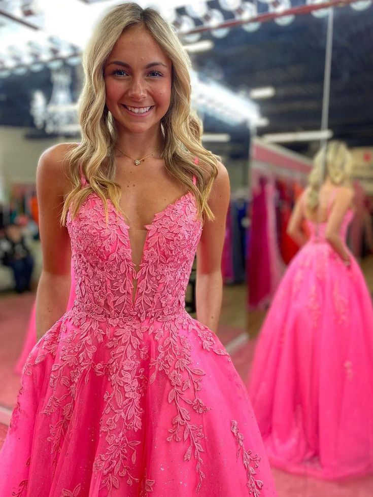 V Neck Pink A Line Lace Long Prom Dress fg6378