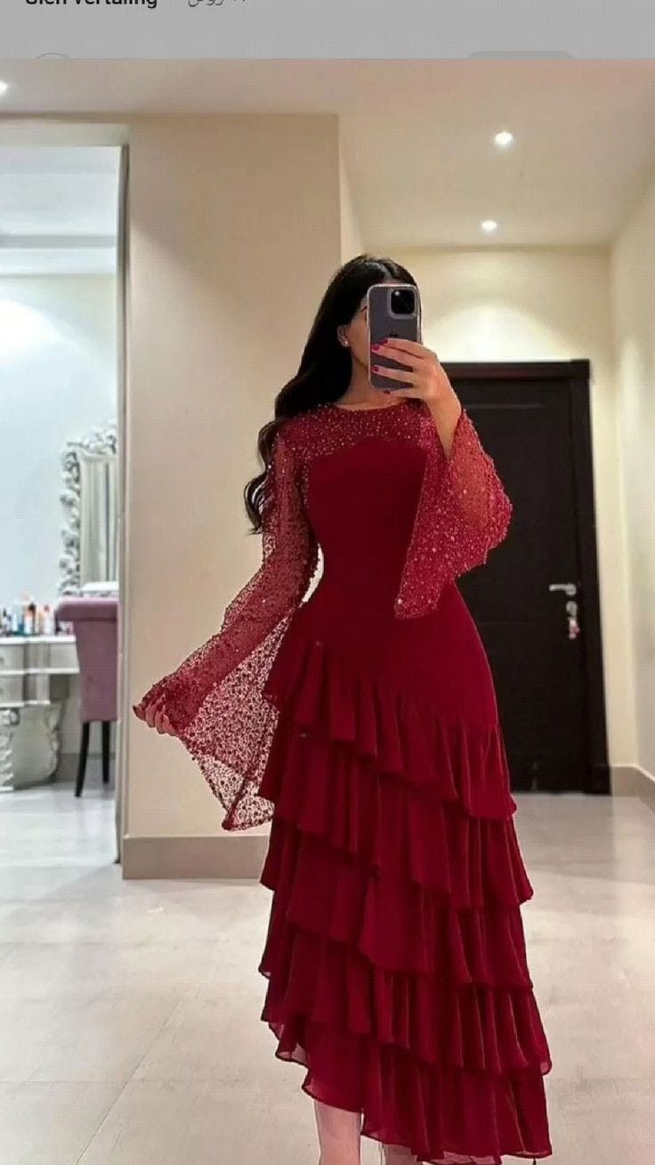Women's Ankle Length Sequin Dress O Neck Tiered Burgundy Evening Dress fg6730